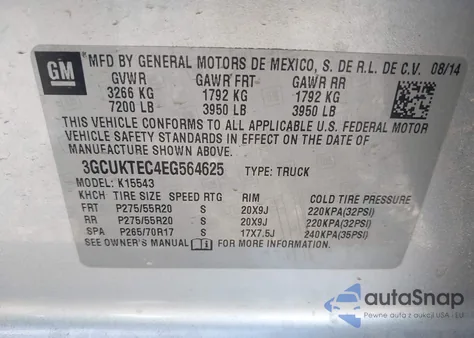 2014 Chevrolet Silverado 1500 High Country из США, поврежденный, VIN 3GCUKTEC4EG564625